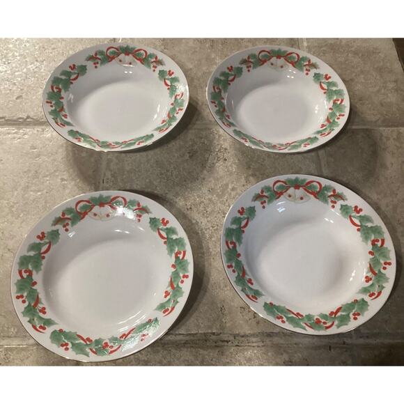 Set of 4 ~ Sango Noel Holiday Bells Holly Ribbon Christmas China 8” Soup Bowls - Picture 1 of 9